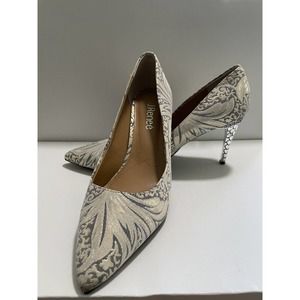 J.Renee Women's Metalic Fabric Print Pump Silver Metal Embossed 3" Heel 8.5W